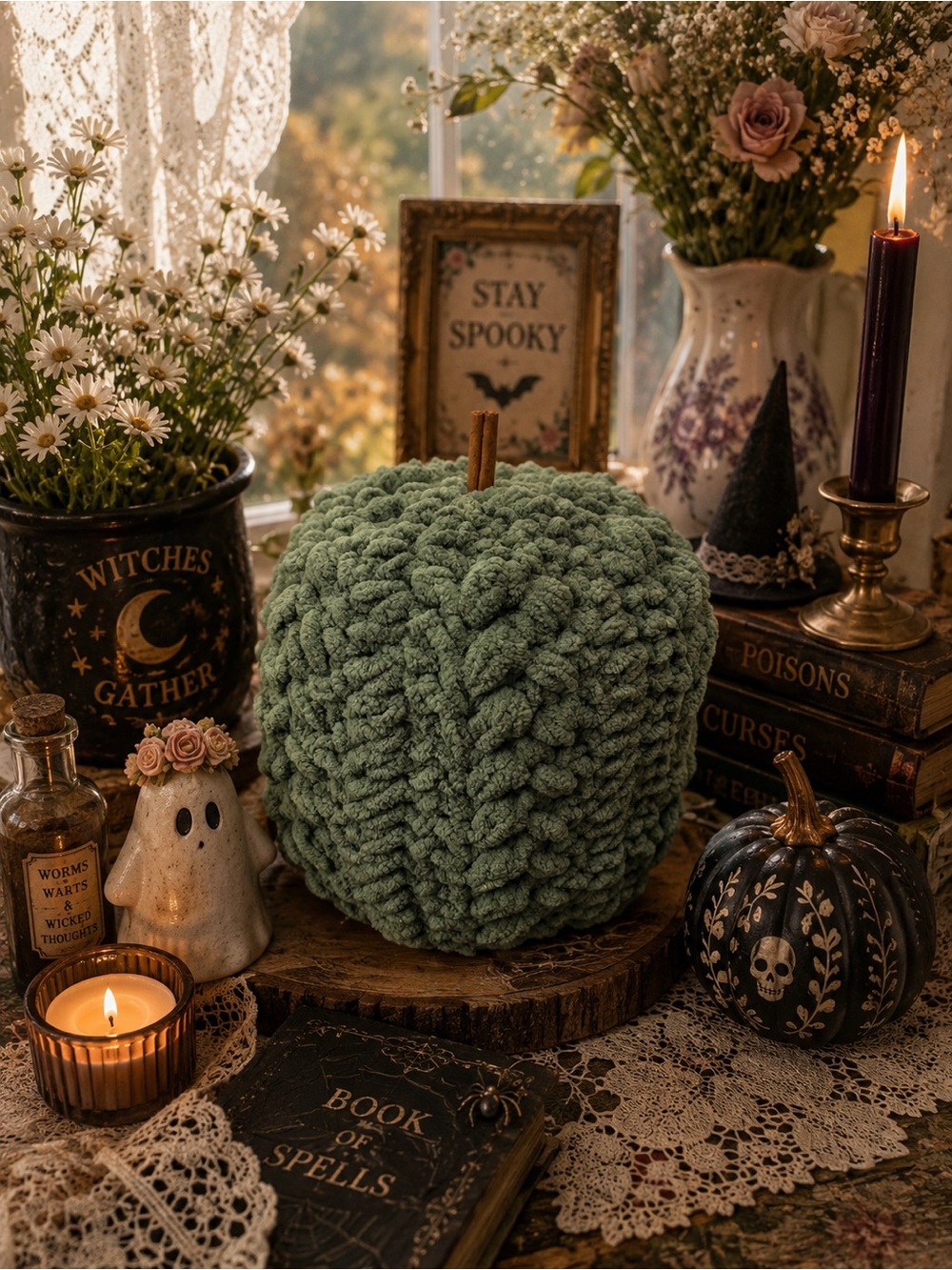 Plush Crochet Pumpkin | Sage Green Fall Decor | Cottagecore Halloween Farmhouse
